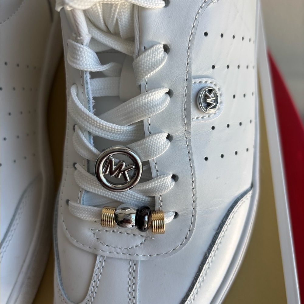 Michael Kors White Leather Sneakers with Gold & Silver Hardware - Picture 3 of 7